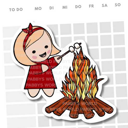 HERBST STICKER HANDGEZEICHNET Die Cut | Mädchen röstet Marshmallows am Lagerfeuer | Cozy Autumn Sticker