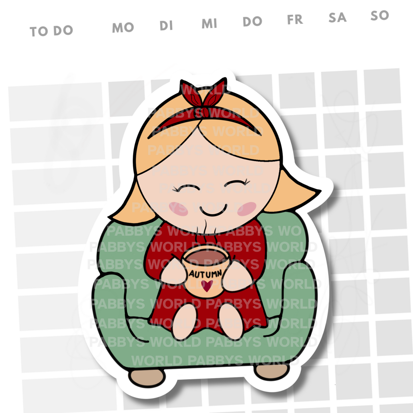HERBST STICKER HANDGEZEICHNET Die Cut | Mädchen mit Tee und Autumn Tasse gemütlich im Sessel