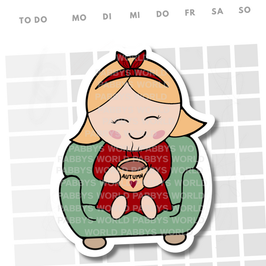 HERBST STICKER HANDGEZEICHNET Die Cut | Mädchen mit Tee und Autumn Tasse gemütlich im Sessel