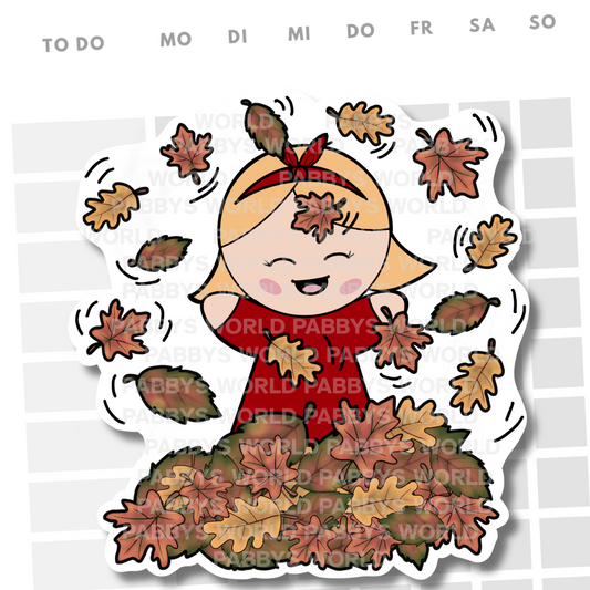 HERBST STICKER HANDGEZEICHNET Die Cut |  Mädchen im Laubhaufen