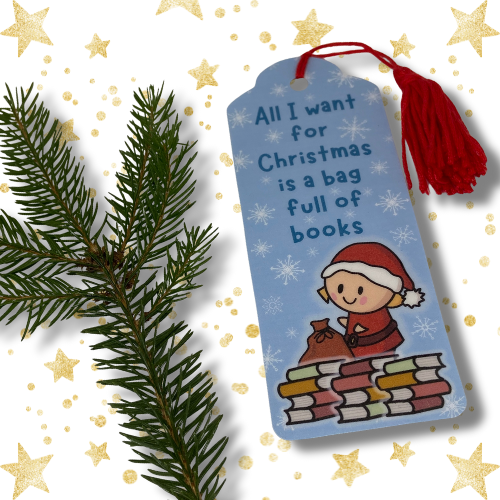 2025 | Lesezeichen mit Quaste | All I want for Christmas is a bag full of books