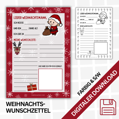 2025 Niedlicher WUNSCHZETTEL A4 zum Ausdrucken für den WEIHNACHTSMANN